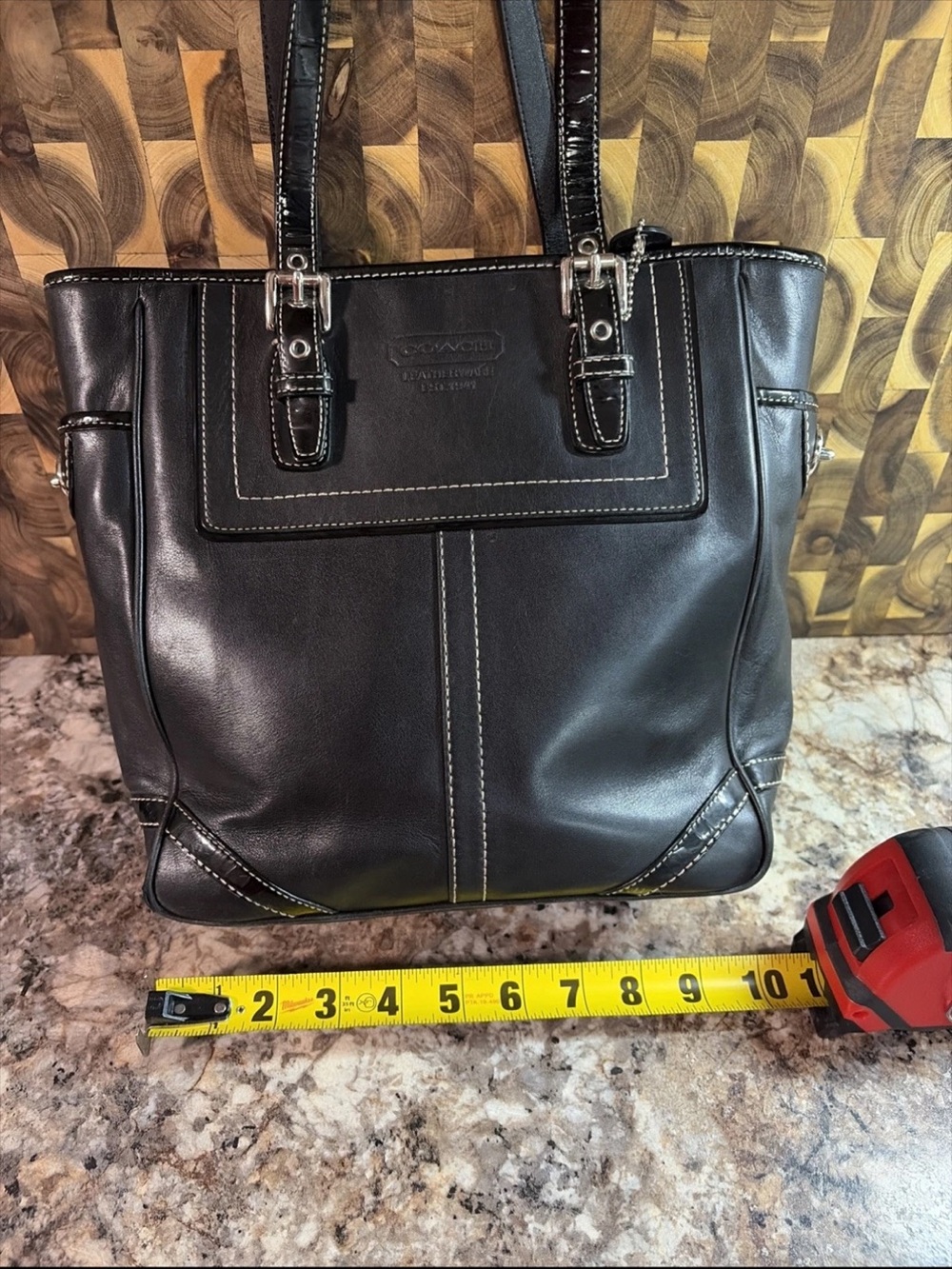Coach Black Leather Tote with White Contrast Stitching